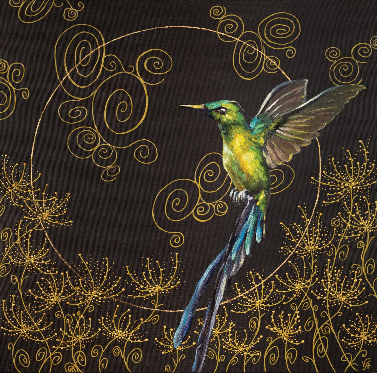 Illustrative Animal Painting By Alona Vakhmistrova, 16 X 16, Hummingbird Flight, Original Artwork