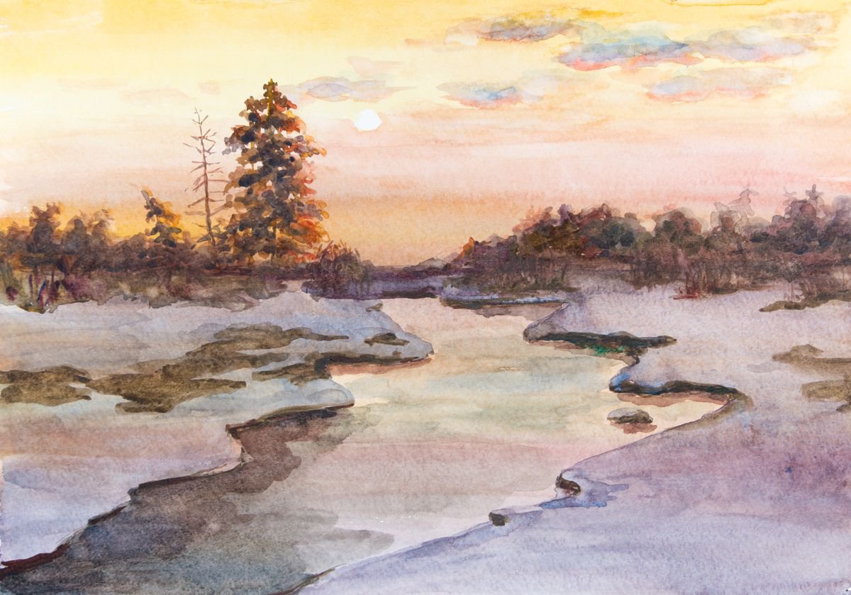 Impressionistic Landscape Watercolour By Galyna Shevchencko, 17 X 12, Winter Sunset, Original Artwork