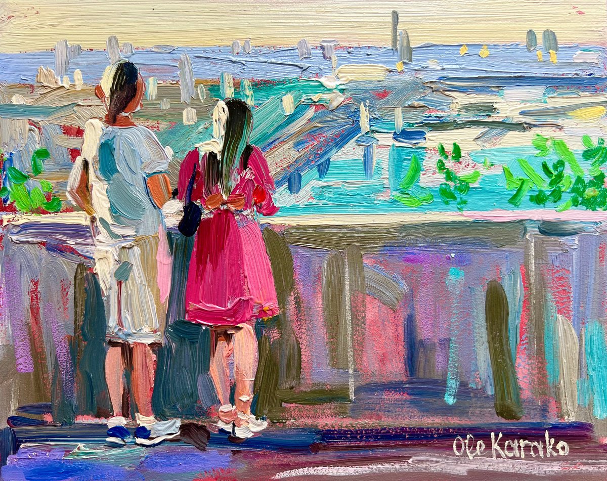 Impressionistic Landscape Oil Painting By Ole Karako, 12 X 9", Lovers Look At Kyiv, Original Artwork