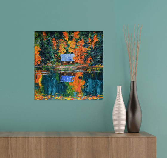 Fall woodland house original oil painting on canvas, autumn forest landscape, cozy home decor