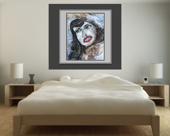 Captured II Acrylic on Newspaper Face Art Woman Portrait Red Lips 37x29cm Gift Ideas Original Art Modern Art Contemporary Painting Abstract Art For Sale Free Shipping