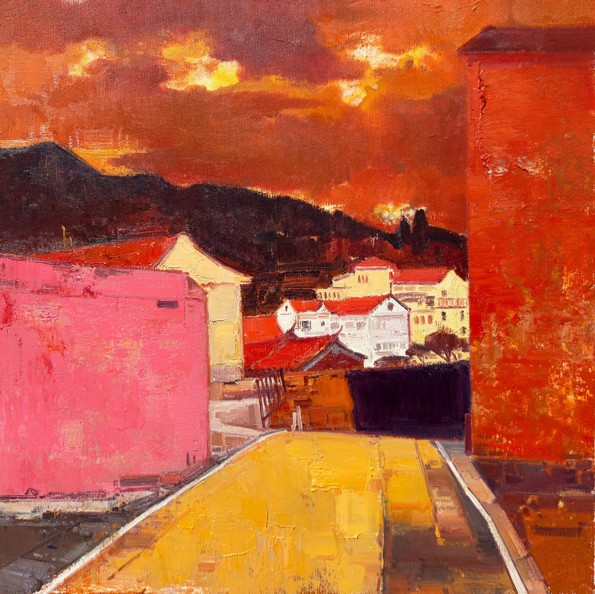 Impressionistic Landscape Oil Painting By Jianzhe Chon, 31 X 31, Village Evening 243, Original Artwork