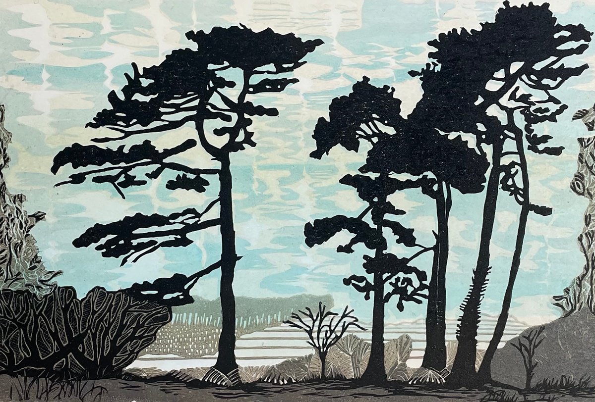 Through the trees - Tree line Linocut Print by C Staunton
