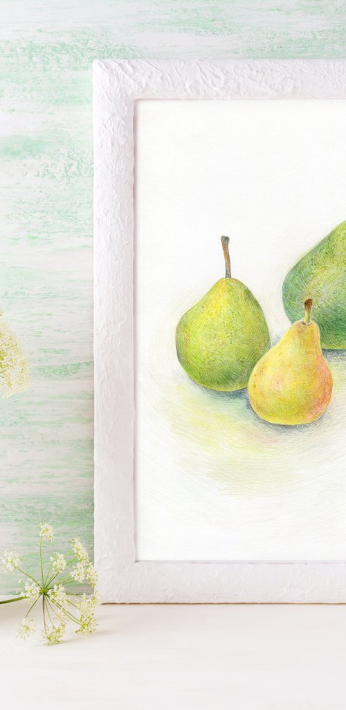 Three pears colored pencils still life illustration by Liliya Rodnikova