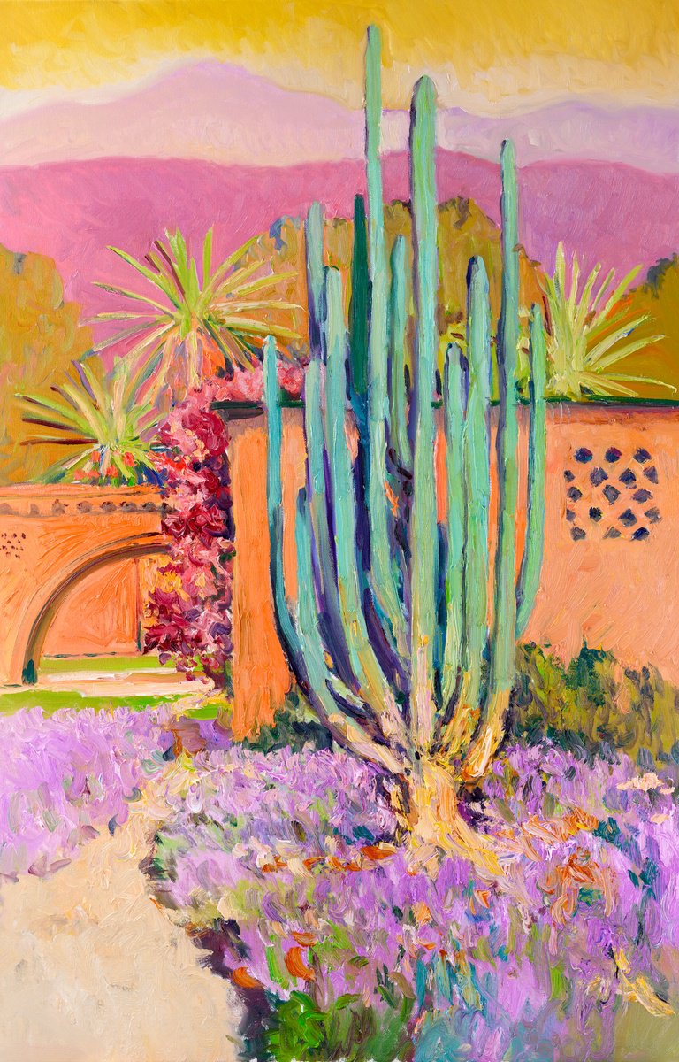 Expressive Landscape Oil Painting By Suren Nersisyan, 24 X 36", Hispanic House And Cactus, Original Artwork