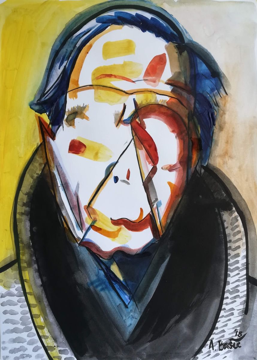 Geometric Portrait Painting By Aleksandar Basic, 12 X 17, Henry Spencer Moore, Original Artwork