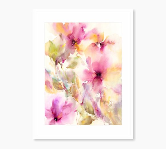 Abstract flowers, pink floral watercolor bouquet