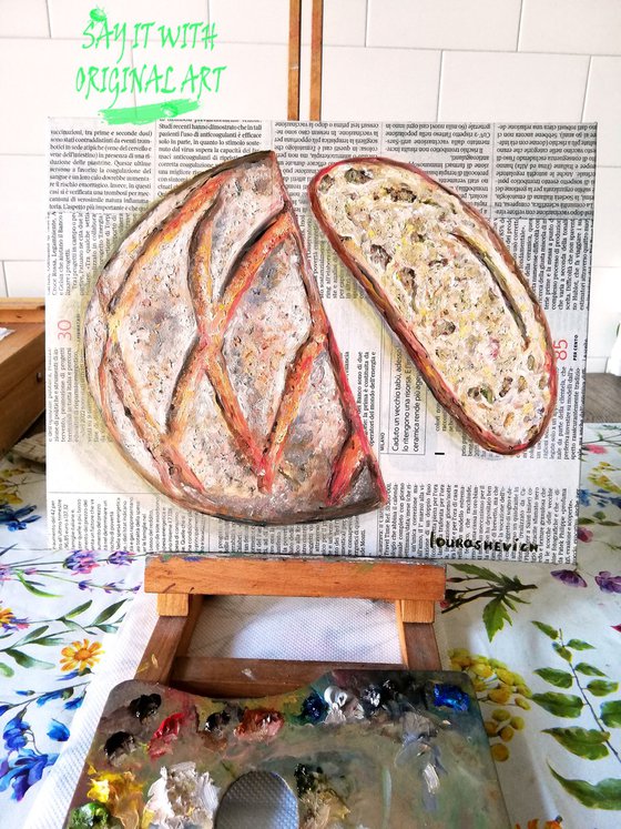 "Bread Loaf on Newspaper" Original Oil on Canvas Board Painting 12 by 10 inches (30x25 cm)