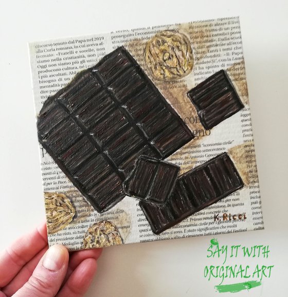 "Chocolate Bar with Walnuts on Newspaper" Original Oil on Canvas Board Painting 6 by 6 inches (15x15 cm)