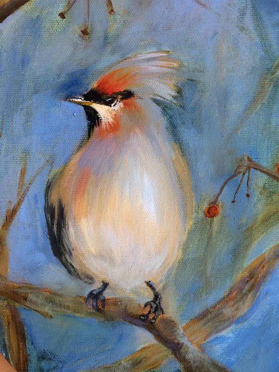 Birds oil painting - Waxwings ellipse canvas - Cozy wall art - Gift idea for bird lover