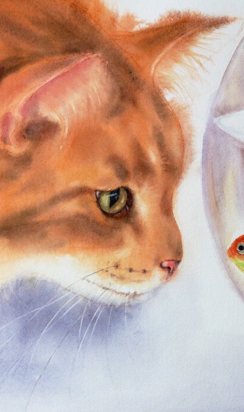 Who Blinks First - Red cat and by Olga Beliaeva Watercolour
