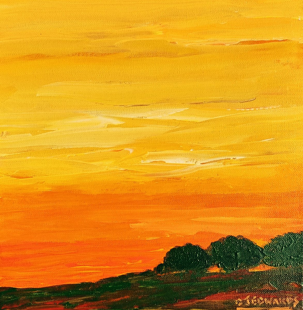 Impressionistic Landscape Acrylic Painting By David J Edwards, 10 X 10, Sunset Sky For A Lost Friend, Original Artwork