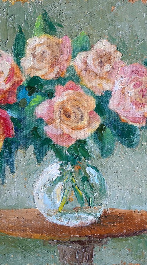 Cream Roses in a Vase by Juri Semjonov