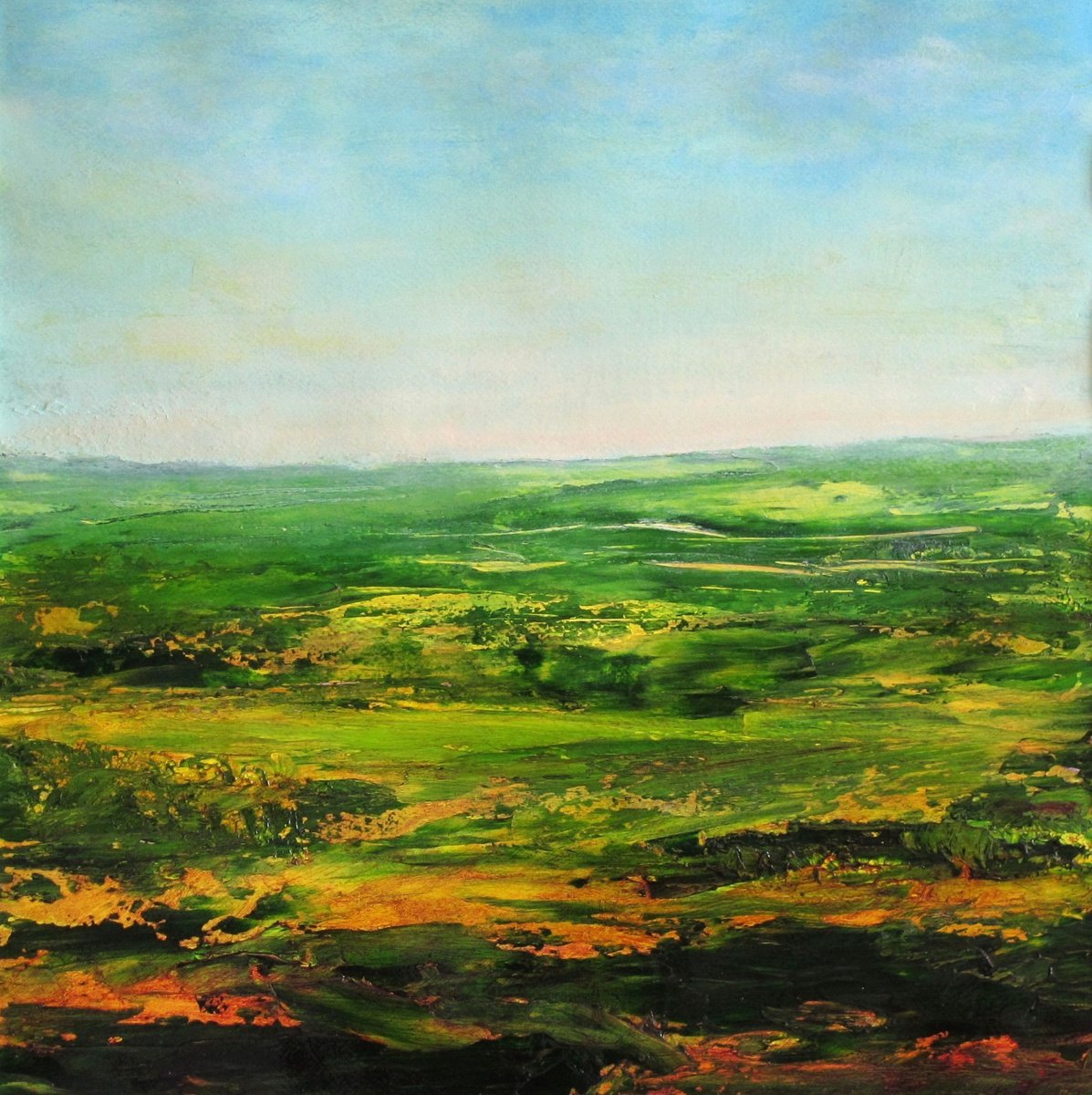 Impressionistic Landscape Acrylic Painting By Fabienne Monestier, 18 X 18, Quiet Countryside, Original Artwork