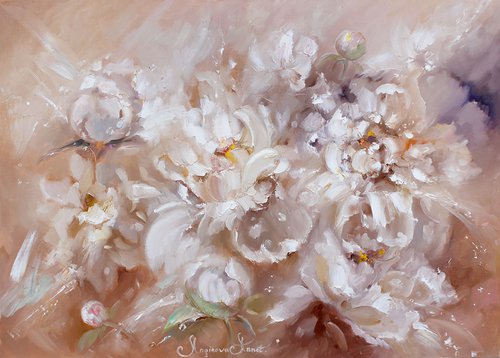 White peonies oil painting by Annet Loginova