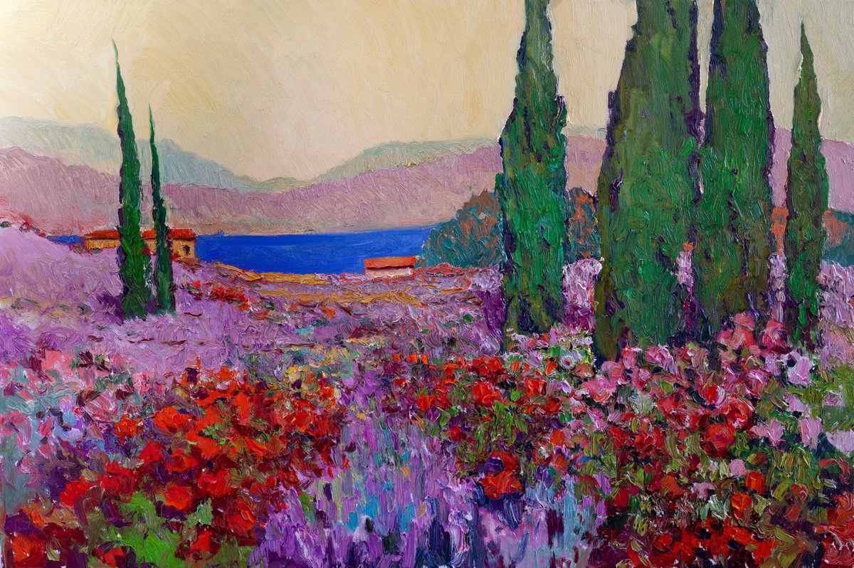 Expressive Landscape Oil Painting By Suren Nersisyan, 36 X 24", Roses, Lavender And The Ocean, Original Artwork
