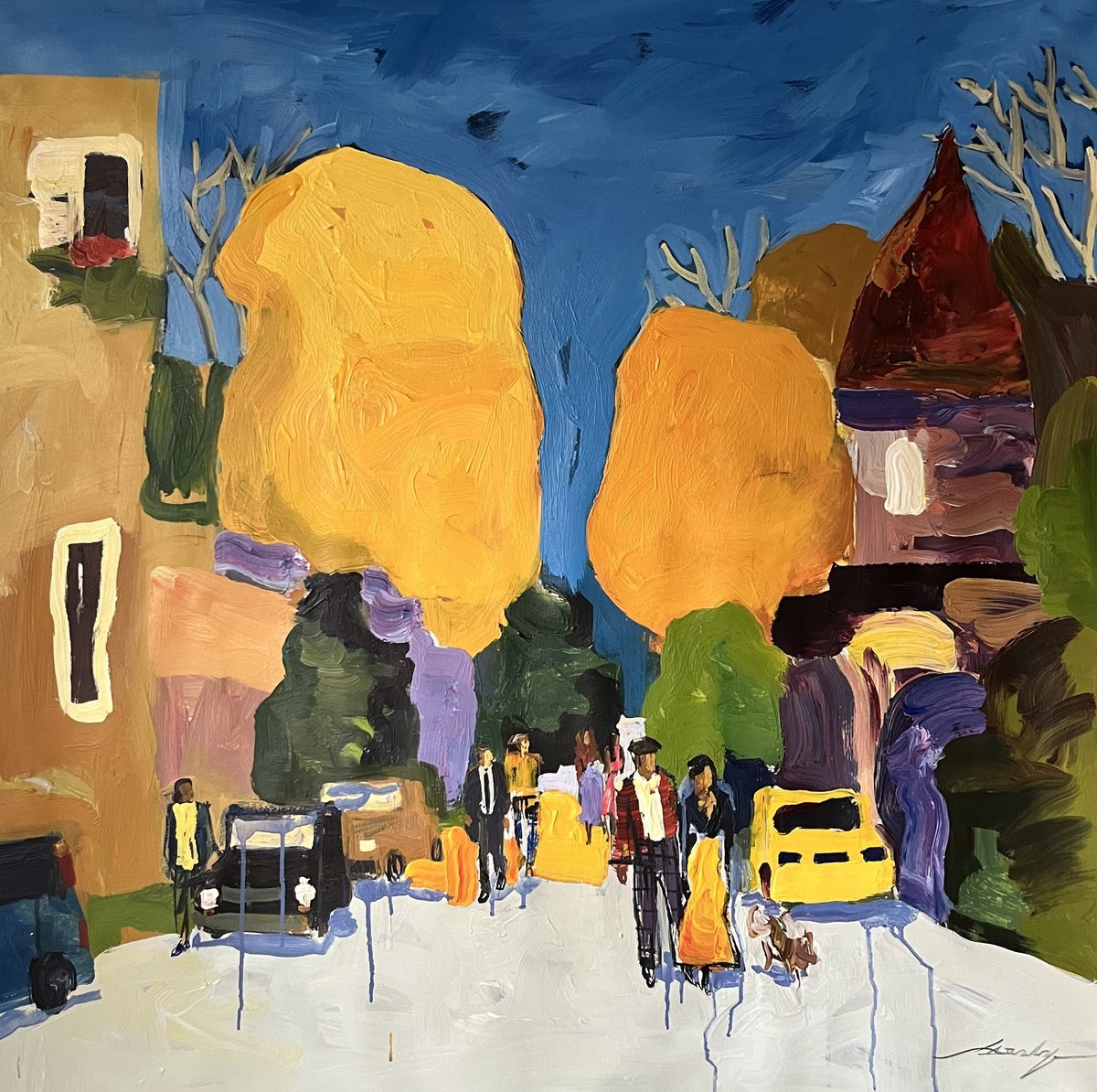 Abstract Cityscapes Acrylic Painting By Jacob Burda, 36 X 36, Golden Streets, Original Artwork
