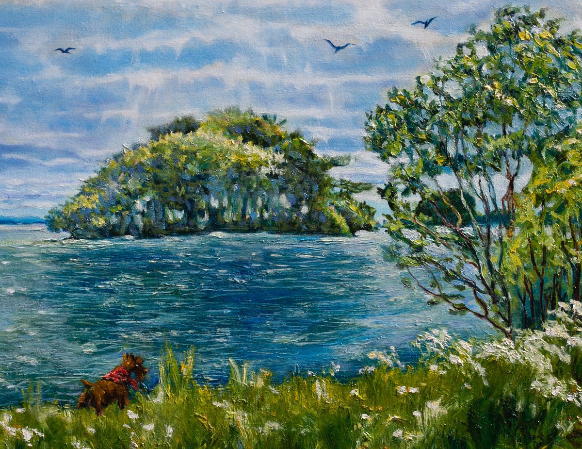 Impressionistic Landscape Oil Painting By Liudmila Pisliakova, 24 X 16", Sunny Day By The Lake, Original Artwork