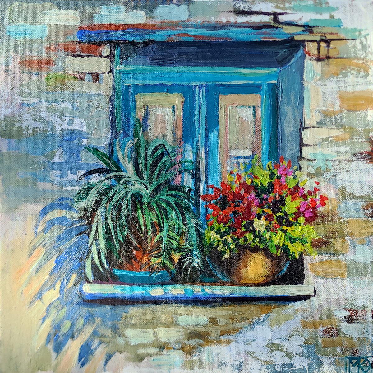 Impressionistic Cityscapes Acrylic Painting By Maria Kireev, 16 X 16", Blue Window, Original Artwork
