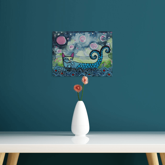 Happy Night Swim - funny cat art