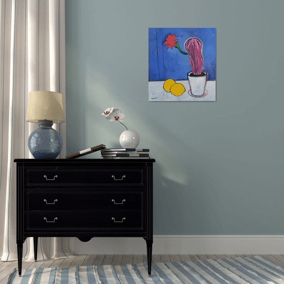 Pink Cactus with Flower and Lemons