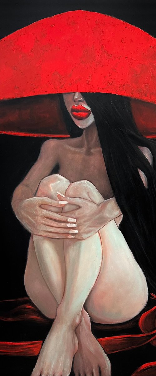 Nude in red hat by Ta Byrne