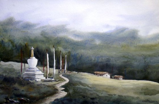 Monastery & Mysterious Himalaya  - Watercolor Painting