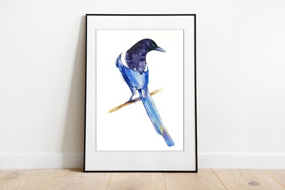 Watercolour bird magpie sitting on a branch in the rays of the sun 2