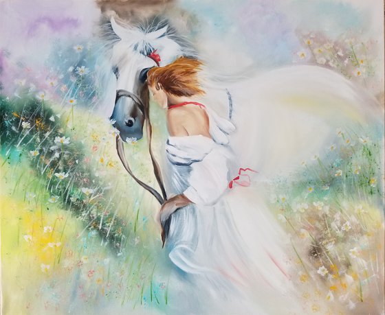 A Girl with a Horse. Mothers Day Gift. Gift for couple. Bedroom Decoration. Spectacular Oil Painting on Canvas. Gorgeous Summer Landscape. Home Decor.