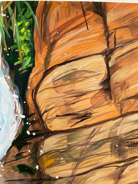 Waterfall Original Gouache Painting, Tropical Wall Art, Cyprus Artwork, Travel Gift, Green Home Decor