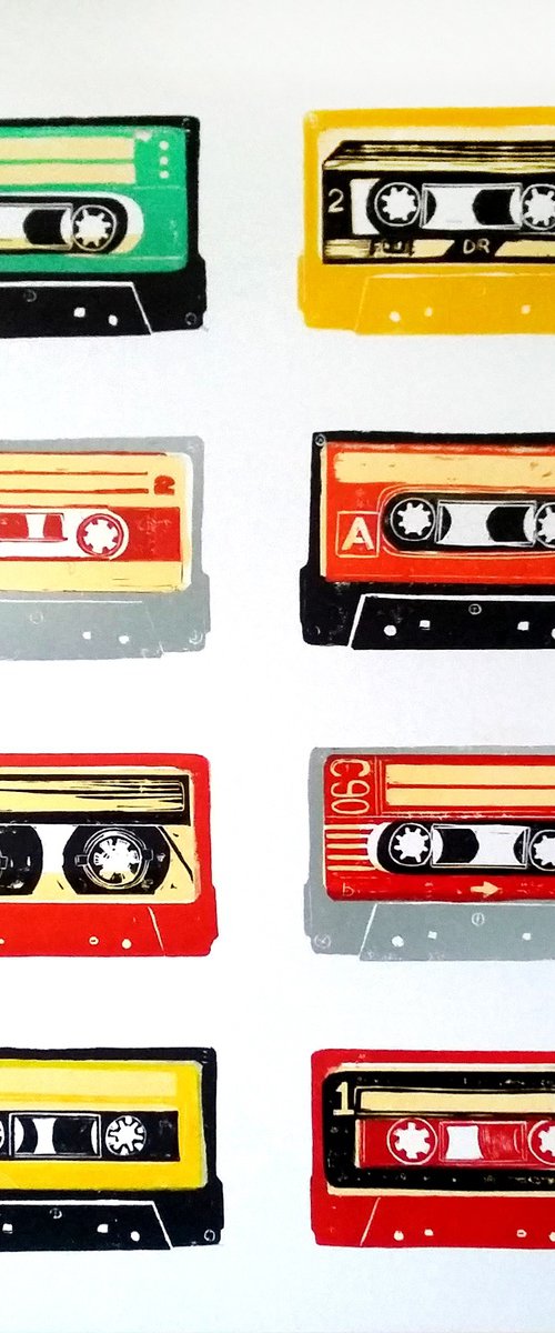 Linocut tapes #53 (cassette tapes, retro music, 70's, 80's rock culture) by Carolynne Coulson