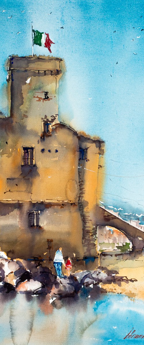 Liguria. Rapallo castle. Original watercolor picture. by Marina Abramova