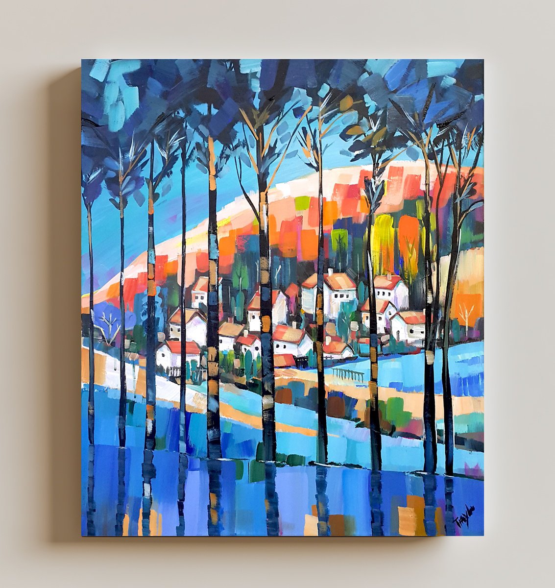 Abstract Landscape Acrylic Painting By Trayko Popov, 24 X 28", Winter Forest, Original Artwork