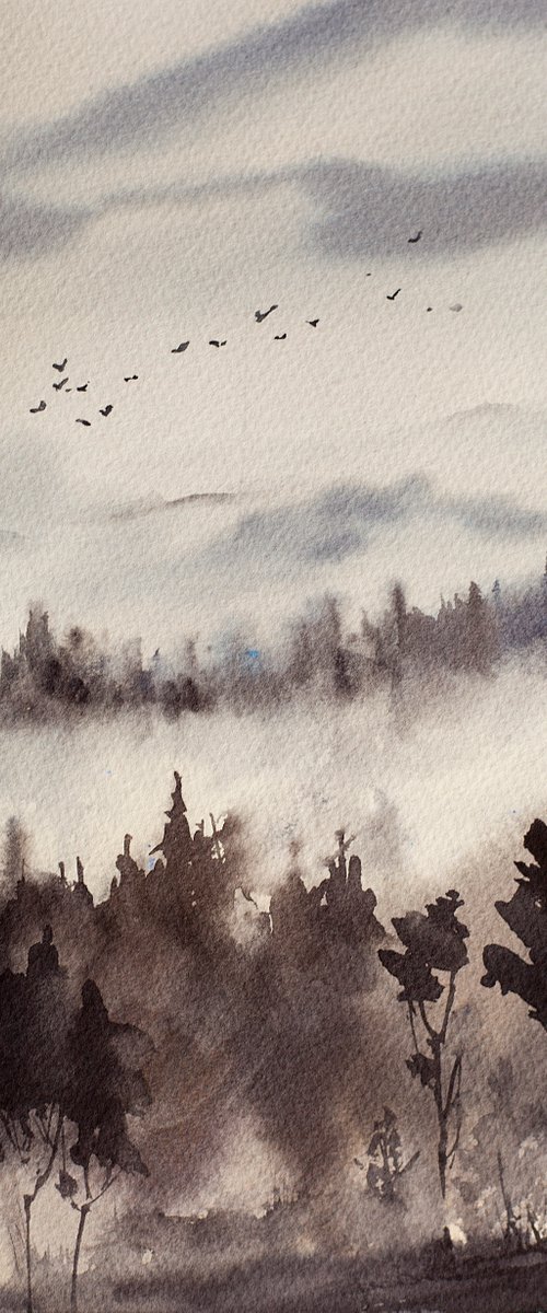 Mist in the mountains. ORIGINAL SMALL WATERCOLOR dark mist ABSTRACT BLOOM INTERIOR DECOR detail by Sasha Romm