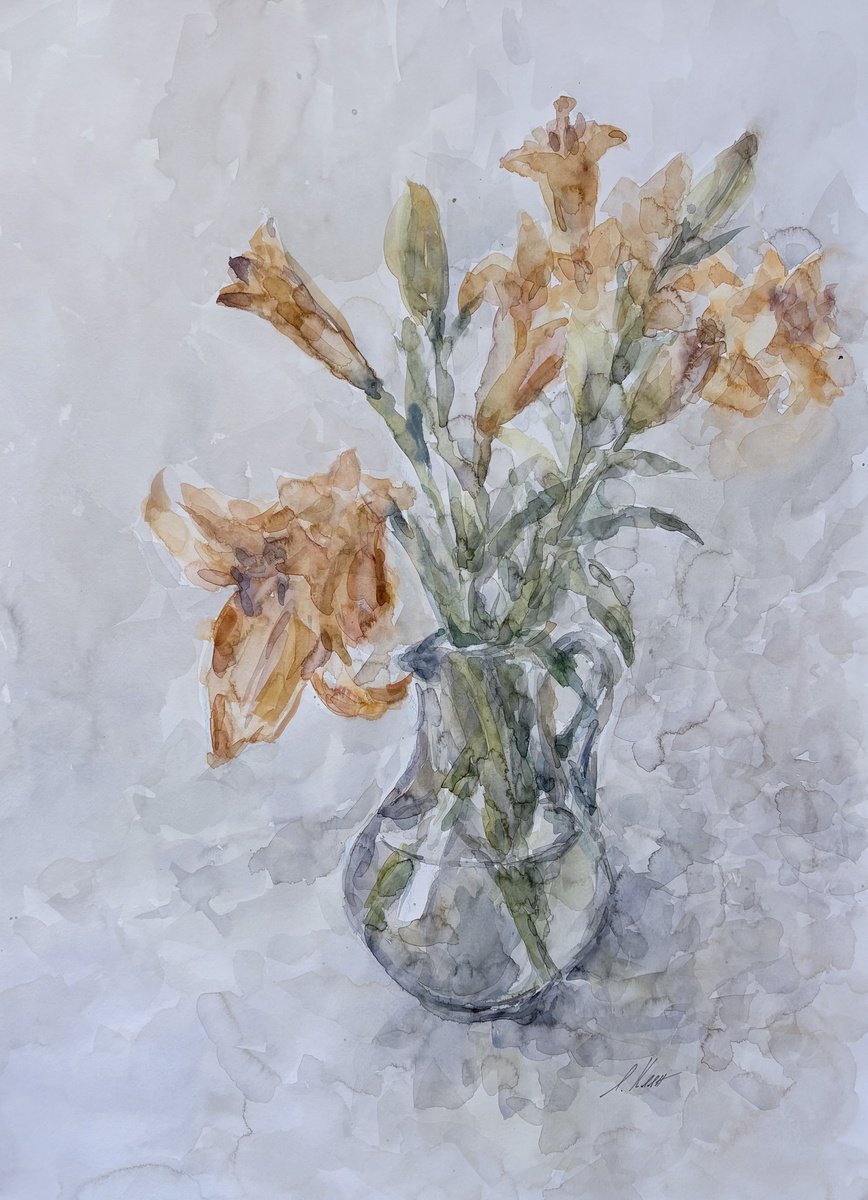 Impressionistic Watercolour , Lilies 50X65 Cm 2025 By Elena Klyan, 20 X 26, Artwork For Sale On Artfinder