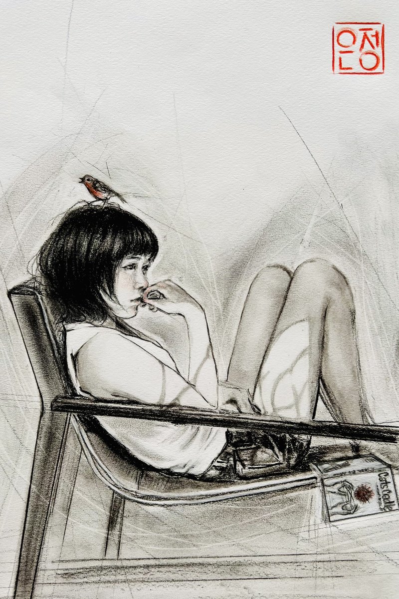 Portrait Charcoal Drawing By Natali Part, 11 X 17", Bird In My Head, Original Artwork