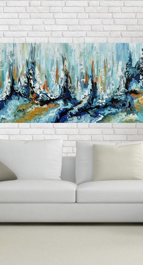 Early spring 24"x48" - Acrylic Blue Abstract Artwork created with Palette Knife by Olga Tkachyk