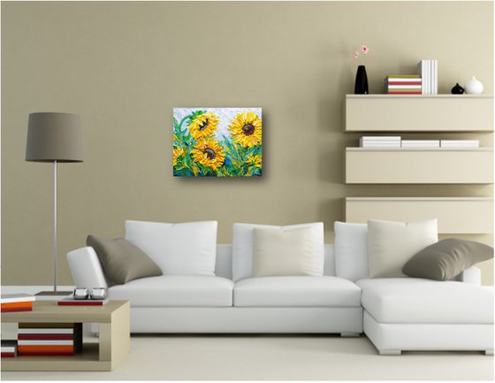 Sunflowers in the morning - Original Floral Painting on Canvas, Palette Knife Art, Textured Impasto Artwork