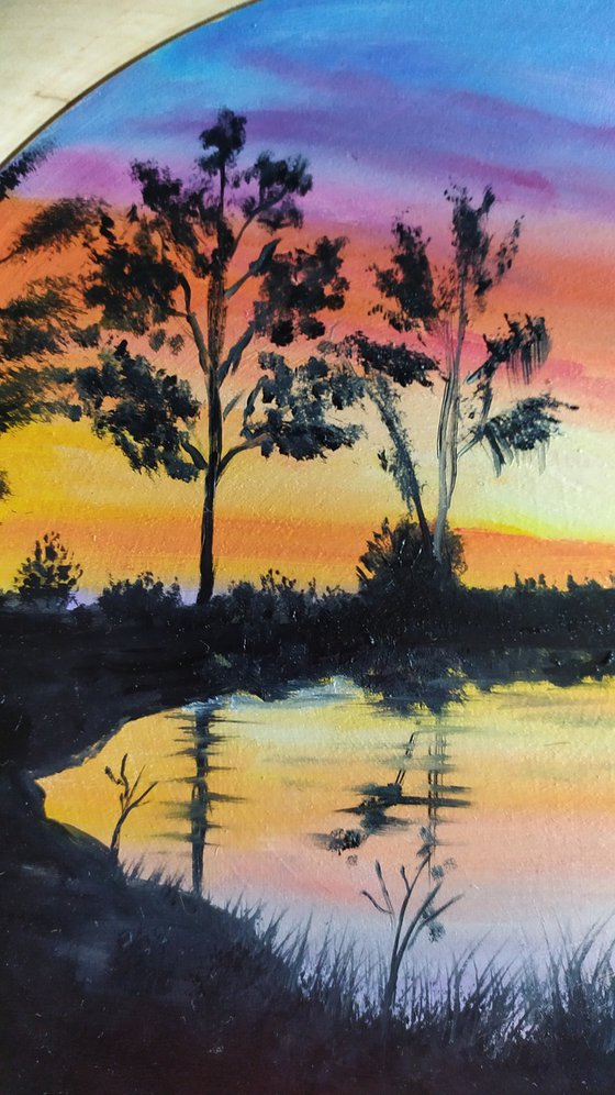 Evening, original landscape river oil painting, Gift idea, art on wooden plate