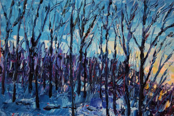 Christmas original oil painting on canvas, Winter twilight forest, snowy landscape, cozy hygge gift