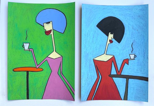 Set 2 artworks “Ladies with coffee” by Ann Zhuleva