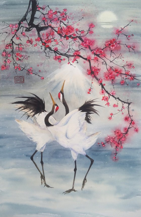 Japanese Red Crowned Cranes Dance and Plum Blossom - pink blossoms - spring blossom - mount fuji