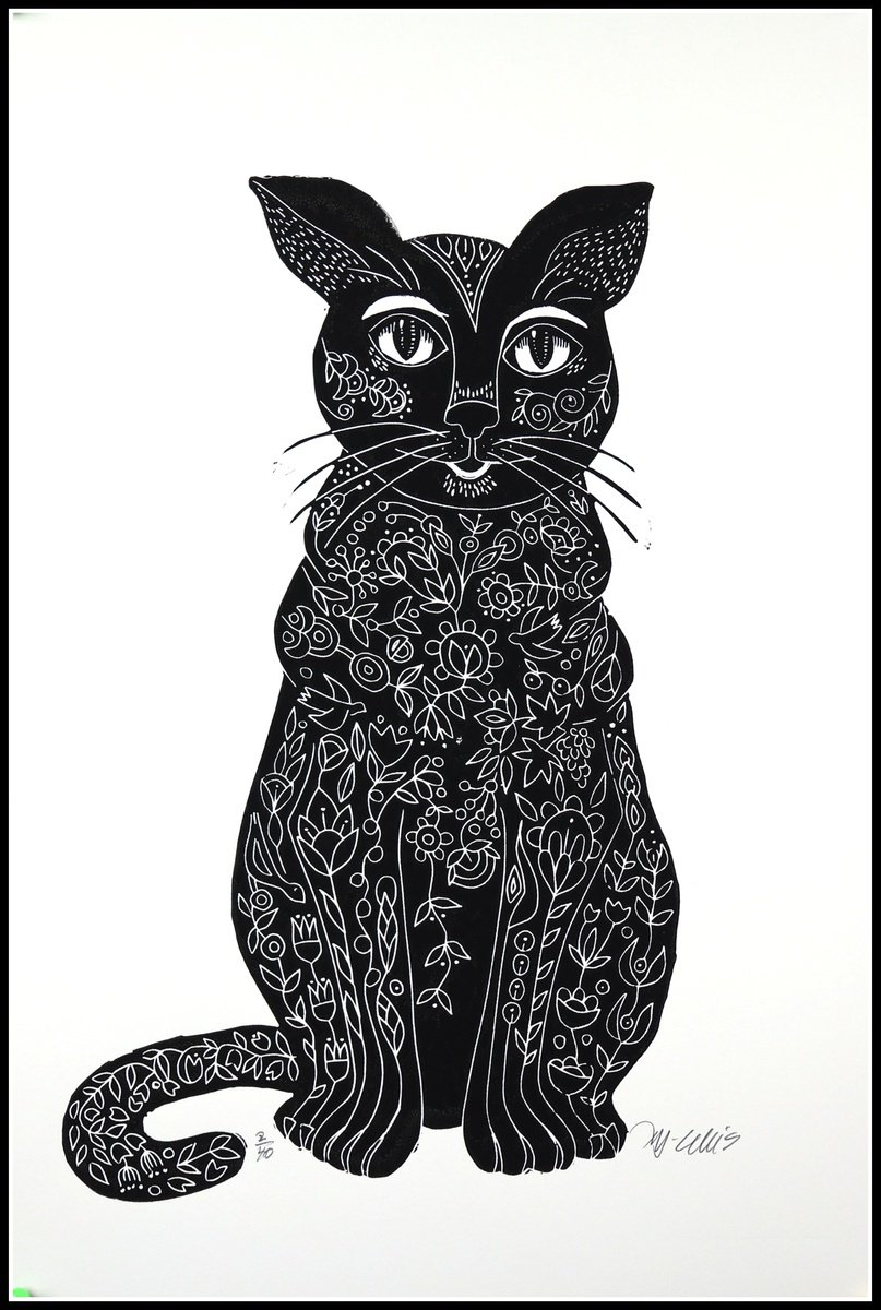 Illustrative Animal Linocut By Mariann Johansen-Ellis, 15 X 22", Black Cat For Good Luck, Original Artwork
