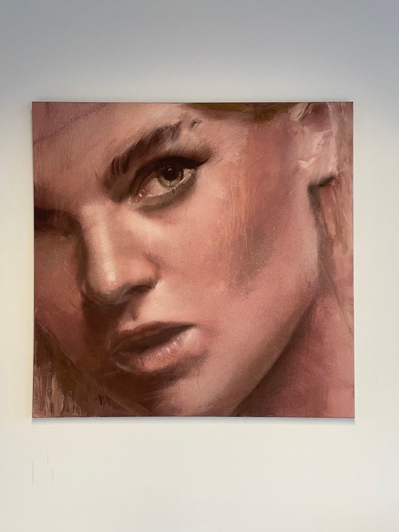 close up female portrait blonde woman staring lips portraiture oil on canvas painting