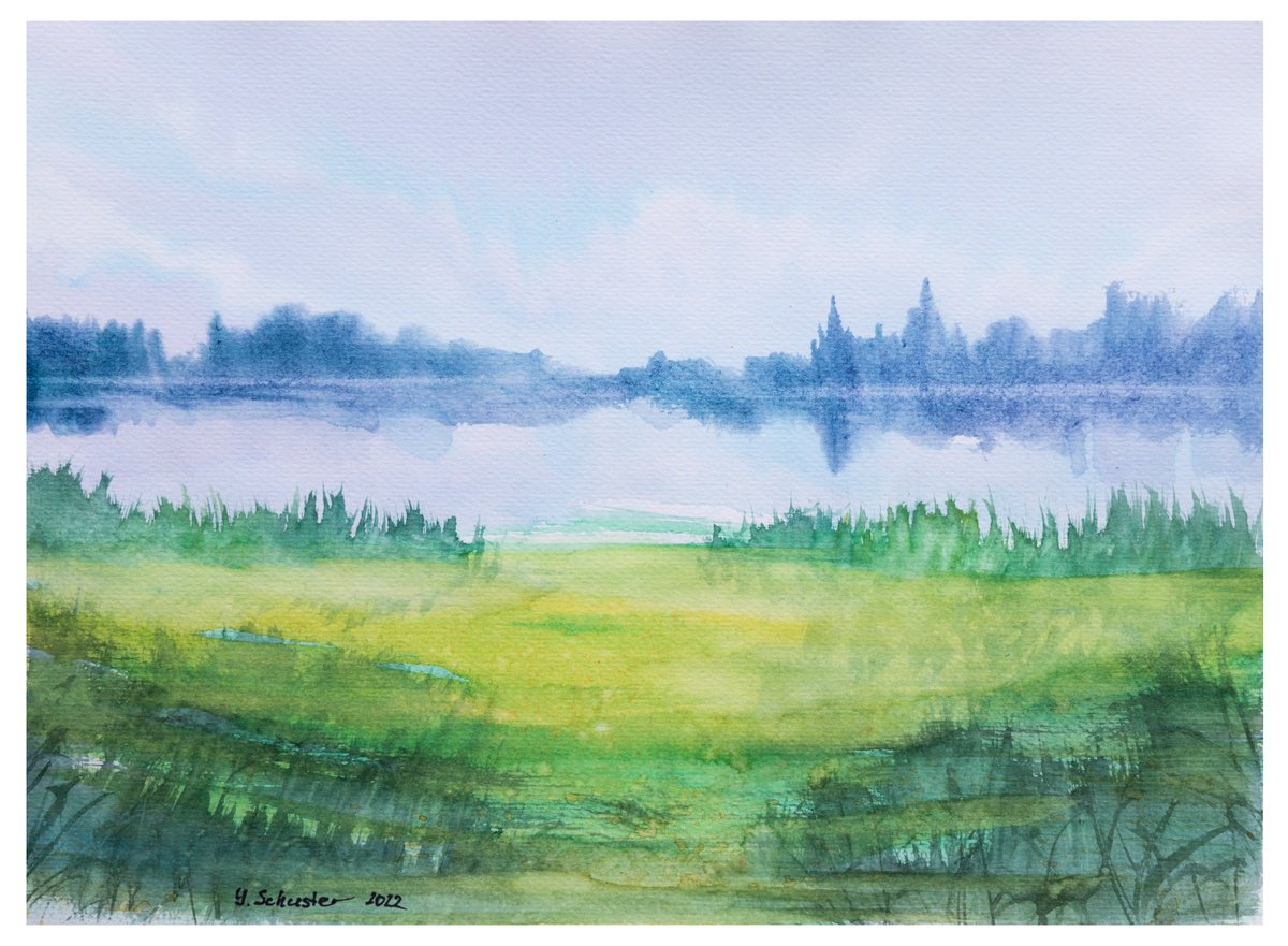Impressionistic Landscape Watercolour By Yulia Schuster, 13 X 9", Riverbank Reflections, Original Artwork