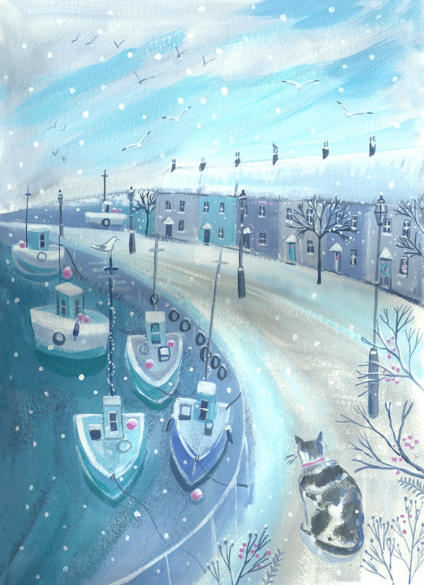 Naive Landscape Acrylic Painting By Mary Stubberfield, 11 X 16", Winter Harbour, Original Artwork