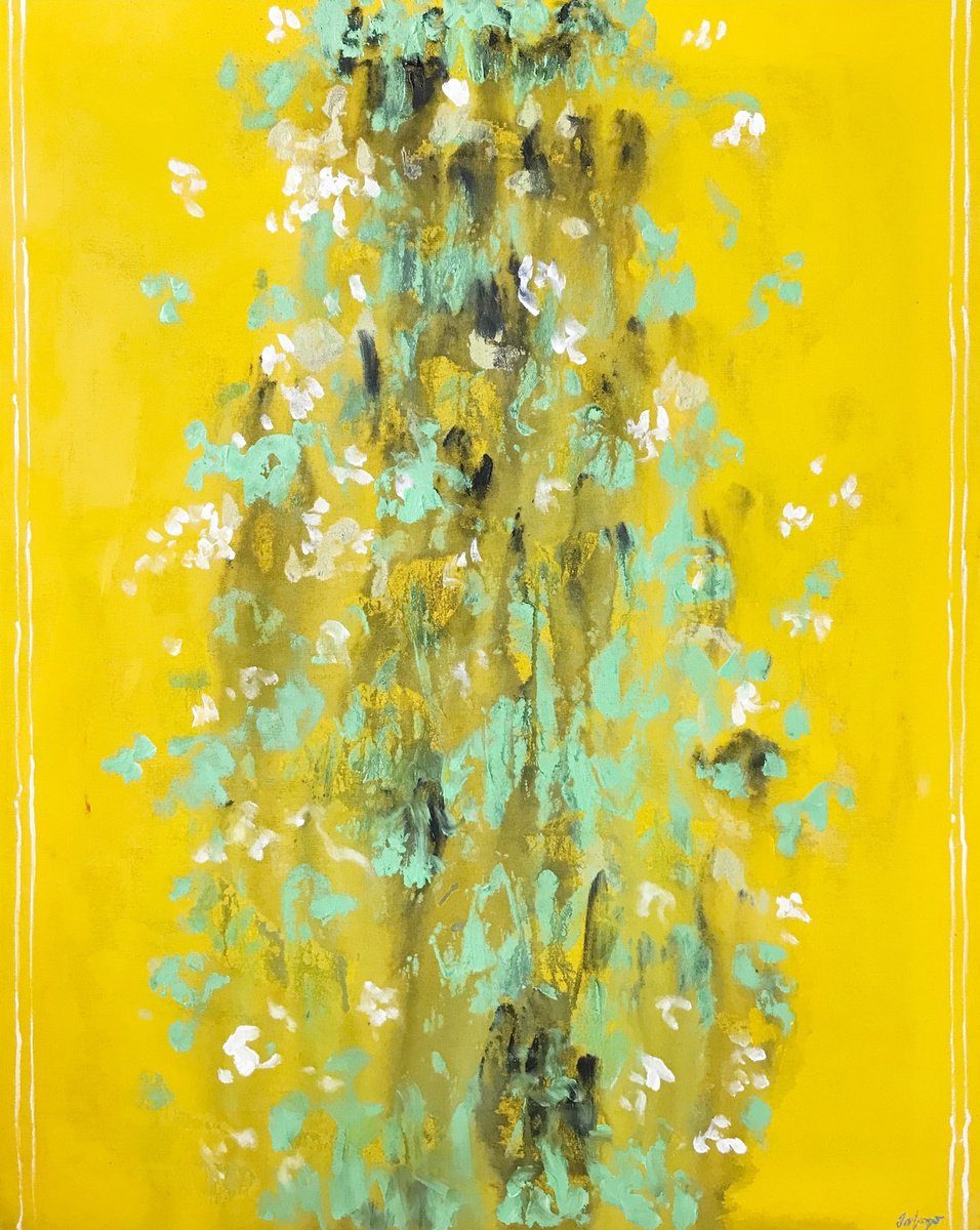 Abstract Botanical Acrylic Painting By Gela Mikava, 31 X 39, Yellow Abstract, Original Artwork