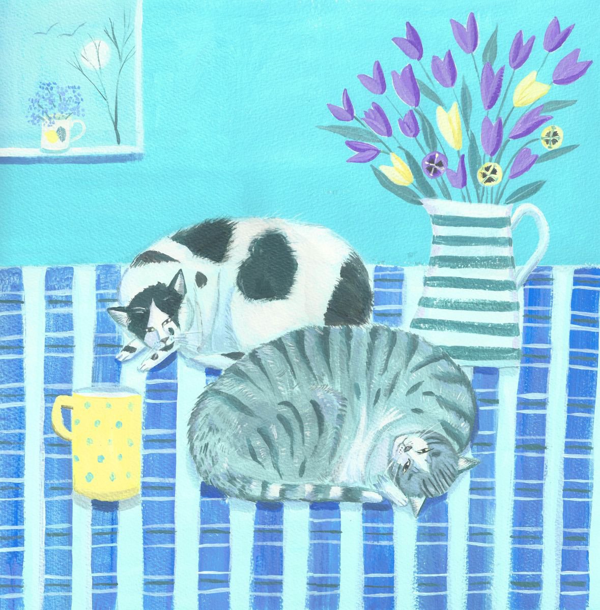Illustrative Animal Acrylic Painting By Mary Stubberfield, 14 X 14", Table Cat Nap, Original Artwork