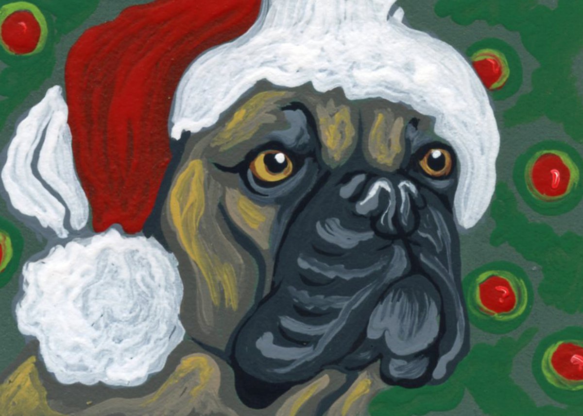 ACEO ATC Original Painting Christmas French Bulldog Pet Dog Art-Carla Smale by carla smale