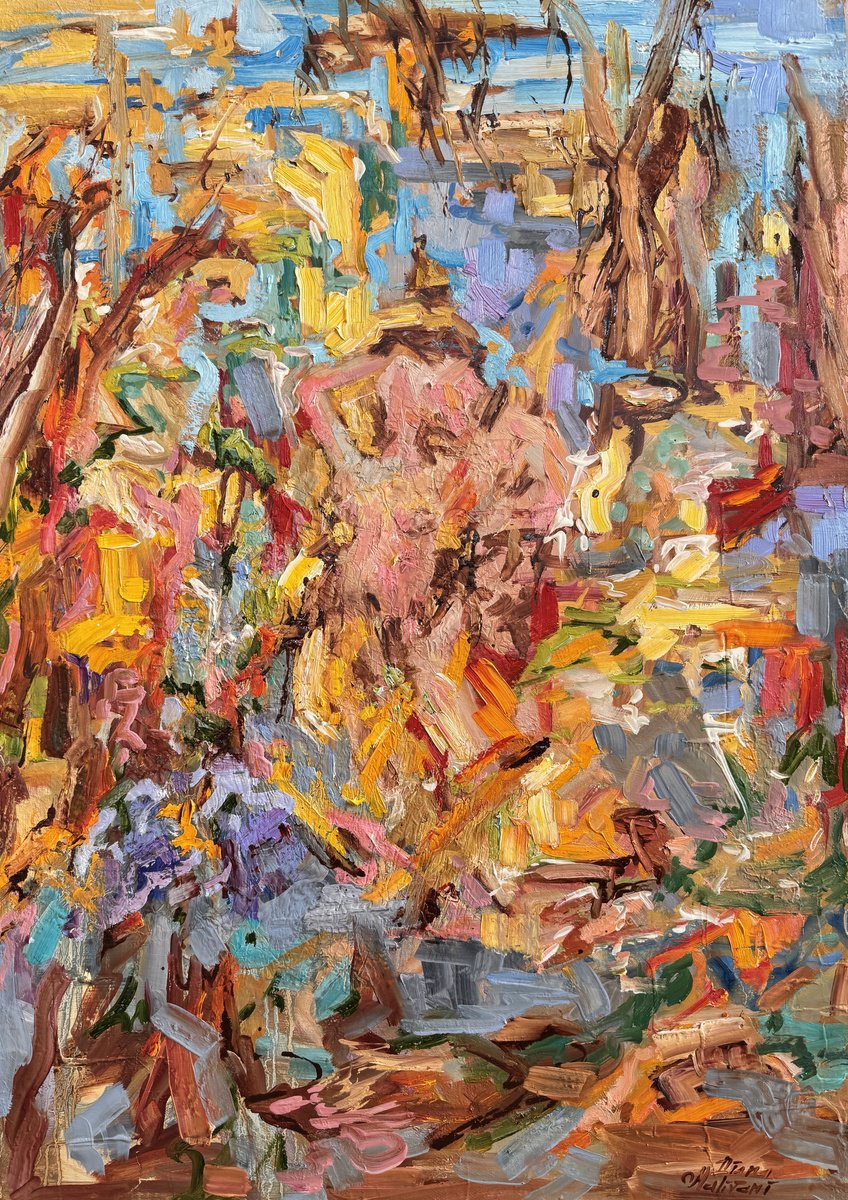 Abstract Oil Painting By Diana Malivani, 20 X 28, In The Garden, Original Artwork